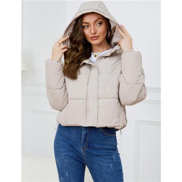 Womens Cropped Puffer Jacket Hooded Zip Up Apricot - Picture 4 of 6